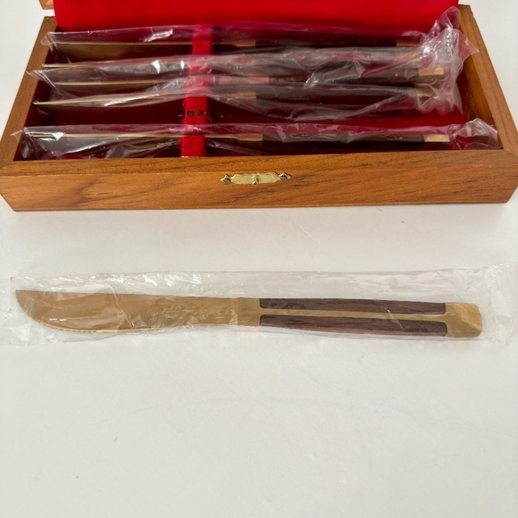 Jean-Claude Mid Century Rosewood and Bronze 6 Steak Knives New in Wooden Box - Picture 1 of 5